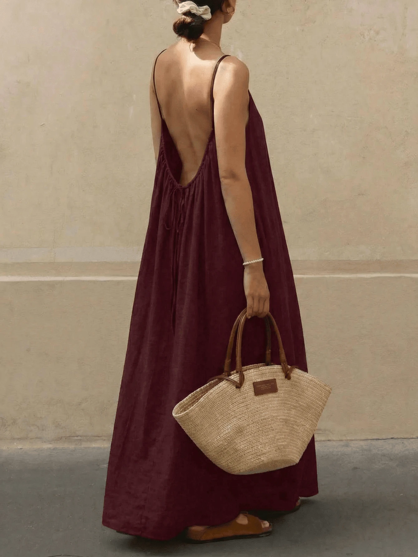 Backless Cami Dress Backless Dress House Dress For Women Sleeveless Long Cami Lounge Dress Backless For Indoor Summer Wear - 酒紅色 - 查看 1