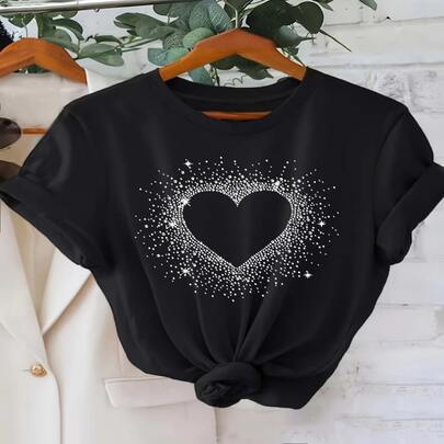 Women's Sparkling Heart Glitter T-Shirt - Black With Grey Short Sleeve, White Collar & Heart Design, Casual Shimmer Top For Parties, Prom, Casual Attire - Soft -Like Digital Print (Machine Washable)