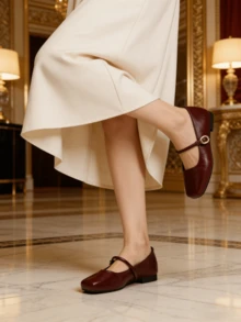 女士方头玛丽珍平底鞋，酒红色复古风，舒适透气绑带鞋 - 酒紅色 - 查看 2