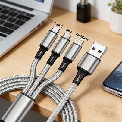 3-In-1 Fast Charging Cable, USB/Type-C/Micro, Rapid Charging, Stable, Compatible With IPhone 14/13/12/11/8/SE/Pro/Max, A51/A71/A81/M31, POCO, Android Devices, Bend-Resistant, Anti-Breakage, Durable, Car & Home Use, Portable & Practical, Popular 3-In-1 Fast Charging Cable