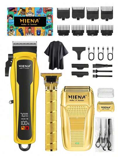 HIENA 男士理发器三件套，包含理发器、胡须修剪器和推剪 - 锋利、无线、USB充电，多功能套装，居家旅行皆宜 - 父亲节送给男士的完美礼物，或日常理容之选
