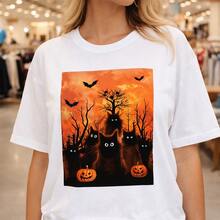 Women's Cotton T-Shirt Halloween Black Cats Bats Pumpkin Sunset Print Women's T-shirt everyday wear,birthday gifts,Christmas gifts,Halloween gifts,or as a commemorative shirt for friends or loved ones.Also suitable as a pullover Fast Delivery - Blanco - Ver 1