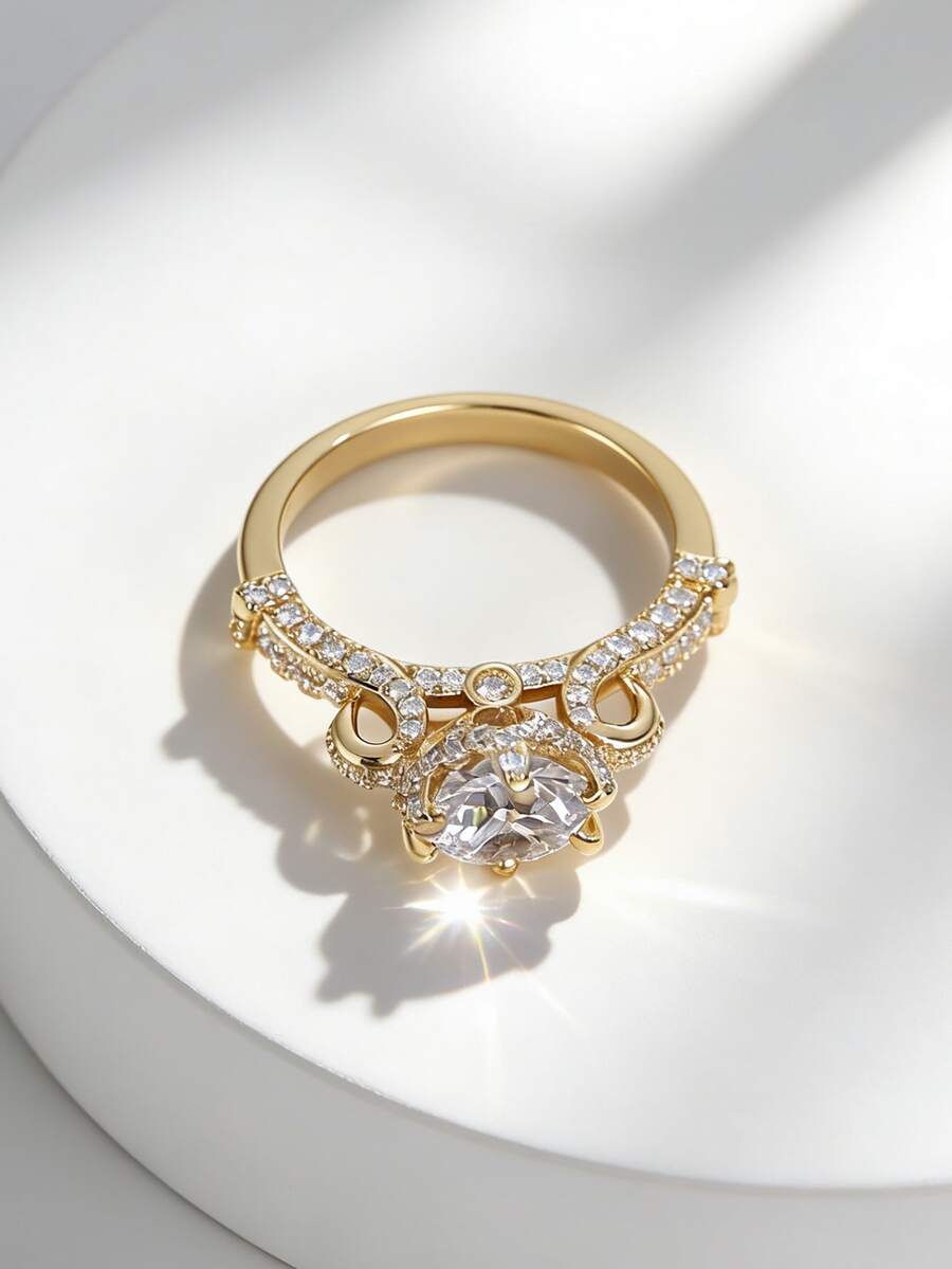 Charm-In 18K Gold Plated Copper Ring Vintage Crown Design Round Cut Cubic Zirconia Promise Ring For Women Wedding Jewelry - Gold - View 1