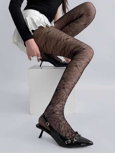 女士日式花卉透明丝袜，春夏款，黑白花卉图案防勾丝薄纱丝袜，复古提花蕾丝连裤袜