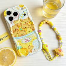 Compatible With IPhone 17, 17 Pro, 17 Pro Max, 17 Air, 16, 15, 14, 13, 12, 11 / S26, S25, 24, 23, 22 Ultra, A52, A53, A54, A55, A56, 07, A17 / / , Fingerprint-Proof, Shock-Proof, Drop-Proof Phone Case. 1pc Fashionable Cute Ins Fresh Dopamine Bear Pattern + Cartoon Bracelet Asymmetrical Cream Phone Protective Case. - White - View 1