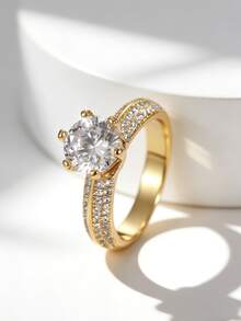 Charm-In Gold Plated Round CZ Solitaire Ring Double Row Crystal Engagement Jewelry For Women - Gold - View 3