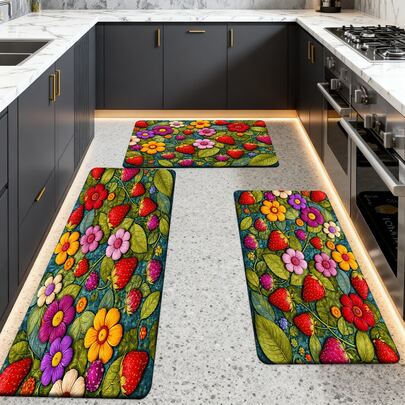 1/2/3 Stück Vintage Blumen- & Erdbeermuster | Geeignet für Wohnzimmer, Flur, Schlafzimmer, Arbeitszimmer, Balkon | Hergestellt aus hochelastischem, verschleißfestem, rutschfestem Polyestermaterial