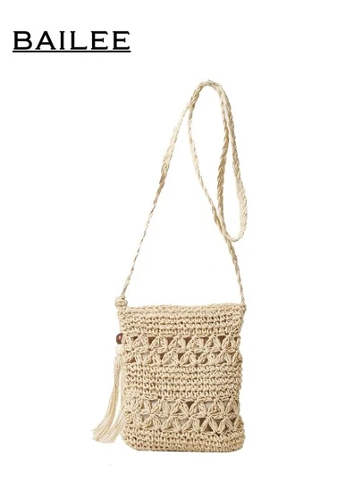 BAILEE 1pc Fashionable Casual Summer Vacation Solid Color Paper Woven Bag With Tassel Decor Zipper Closure, Suitable For Holiday & Honeymoon