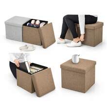 Cubo Puf Organizador De Lino Plegable Multiusos Con Tapa Acolchada Y Gran Capacidad De Almacenamiento 38x38x38cm - Arena - Ver 2
