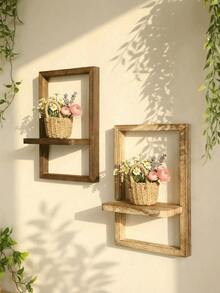 1pc Rustic Wooden Floating Shelf, Wall Mounted Storage Rack In Farmhouse Style For Bedroom, Kitchen, Bathroom, Small Wall Hanging Decorative Organizer - Multicolor - View 6