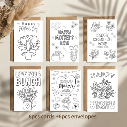Bộ 6 thiệp chúc mừng Ngày của Mẹ để tô màu - Bộ 6 thiệp nghệ thuật vẽ nguệch ngoạc dành cho bút dạ, bút sáp màu và bút màu nước, bộ văn phòng phẩm thủ công cá nhân hóa kèm phong bì giấy Kraft.