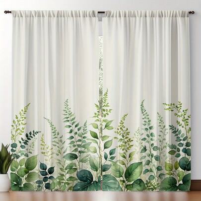 2 Stück Frische Aquarell Grün Pflanzen Farn Blätter Natürlicher Stil Bedruckte Vorhänge, Moderne Kunst Stil Heim Dekoration Vorhänge mit Stangentaschen, Geeignet für Küchen, Cafés, Wohnzimmer, Balkone, Gärten