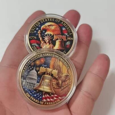 3D立体雕刻美国建国250周年纪念币，是钱币收藏家的理想礼物，适合庆祝美国独立250周年、旅行、夏季、婚礼、生日、节日装饰、厨房用具、汽车配件、园艺、家居装饰、花园装饰和室内装饰（1枚）