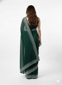 Estationeryhouse Designer Georgette Saree With Shimmer Stripes, Swarowski Work, Large Border, With Unstitched Blouse Piece - Green - View 2