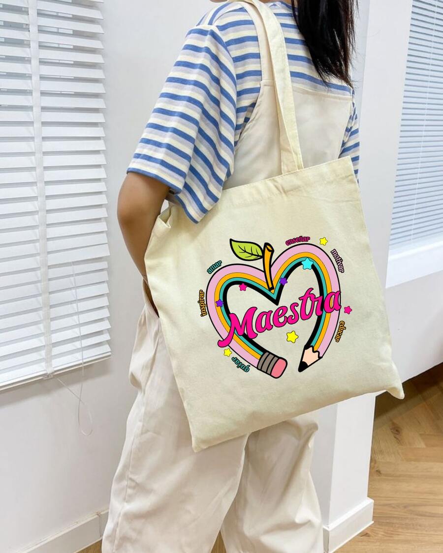 1 pieza Bolso de hombro tipo tote de estilo minimalista con estampado de DIA DEL MAESTRO, adecuado para trabajo, viajes, compras, escuela, gran capacidad, portátil, apropiado para adolescentes, estudiantes universitarias y trabajadoras de oficina, perfecto para trabajo, vuelta al cole, secundaria, universidad, vacaciones, con diseños divertidos para el día del maestro - Blanco - Ver 1