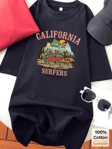 Cartoon Pattern Short Sleeve Mid-Length T-Shirt, Fashionable Casual Top For Women Black Summer - Black - View 3