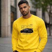 Moletom Masculino Blusa de Frio Gola Redonda Careca Estampado Carros Racing 911 100% Algodão Quente - Amarelo - Visão 1