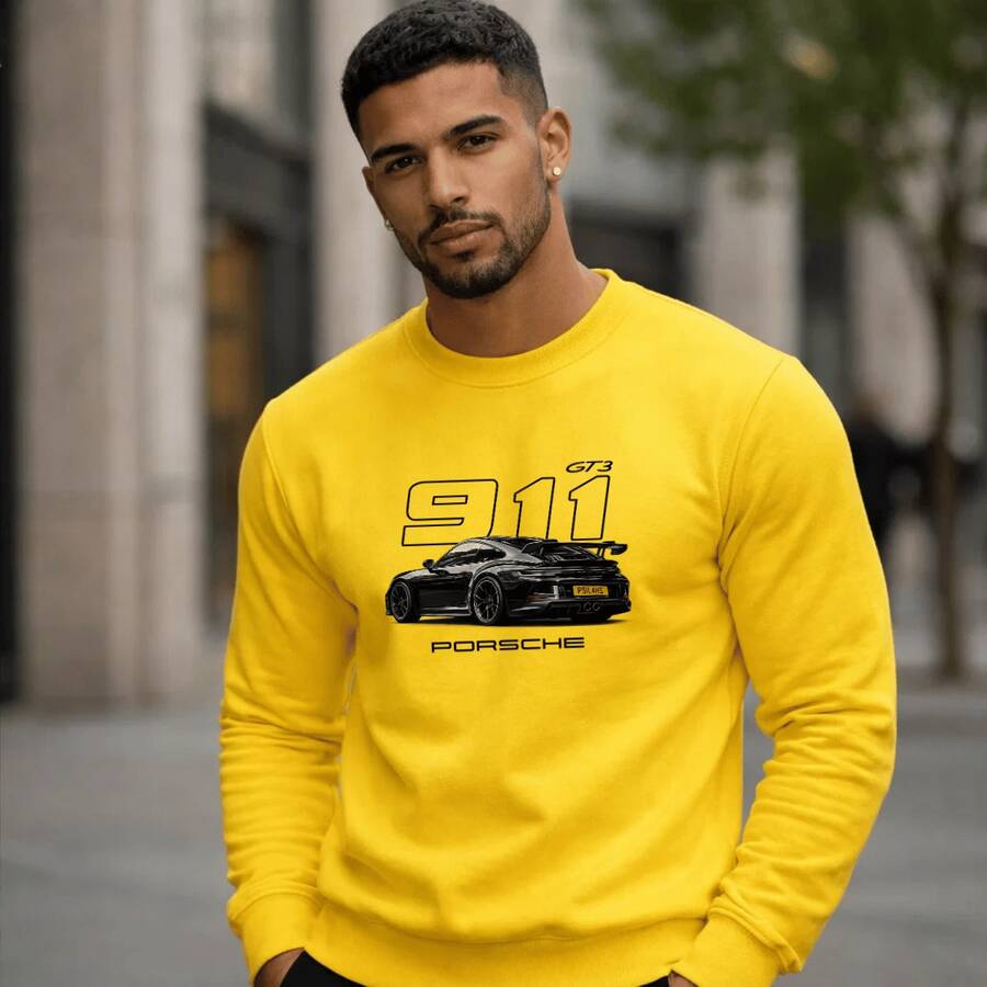 Moletom Masculino Blusa de Frio Gola Redonda Careca Estampado Carros Racing 911 100% Algodão Quente - Amarelo - Visão 1