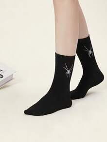 1 Pair Spider Pattern Black Mid-Calf Socks, Minimalist Fashion, Suitable For Daily Wear - Black - View 5