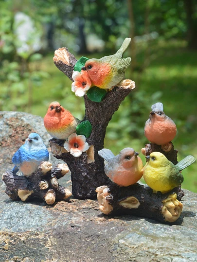 1pc Miniature Garden Decor With Bird, Flowers & Tree, Resin Crafts, Perfect Gift For Nature Lovers, Waterfall Landscape Decoration Accessories
