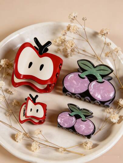 2pcs/Set Cute Fruit Cherry Hair Clips, Shark Shaped Hair Claws, Elegant Hair Accessories For Women