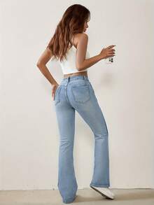 Flare jeans mujer Vaqueros largos estilo bohemio chic para mujer, tiro alto, diseño acampanado con botones y cremallera pantalones acampanado de mujer - Azul - Ver 2