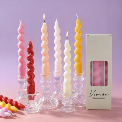 Nến hình xoắn ốc 7,5 inch, nến xoắn màu pastel, nến ngắn không chảy sáp, không mùi, chân nến thủ công, thích hợp cho trang trí tiệc cưới.