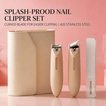 3pcs Nail Care Set, Elegant Beige Leather Storage Box, Stainless Steel Curved Blade, Glass Nail File, Suitable As Travel & Beauty Gift For Women