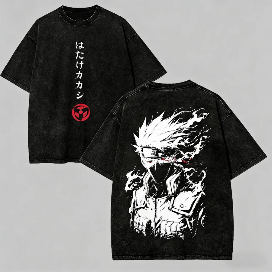 NarutoShippuden Kakashii Hatake Sharingan Ink Wash Battle Pose Black Vintage Washed Oversized Graphic T-Shirt Anime Streetwear Tee, Unisex Streetwear Casual Vintage Washed Cotton Top For Men & Women, Men Graphic T Shirts, Men Vintage T Shirts, Anime Shirt, Mens Clothes, Mens T Shirts, Y2k Clothes - 黑色 - 查看 1