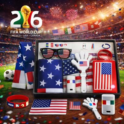 Copa Mundial de la   2026: Estados Unidos, Canadá y México - Set para aficionados al fútbol: bandera, gafas, badajo, pintura facial y accesorios para animadoras