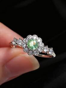 1枚S925纯银合成浅绿色锆石戒指，波西米亚风优雅日常及派对佩戴饰品，女士款 - 銀色 - 查看 1