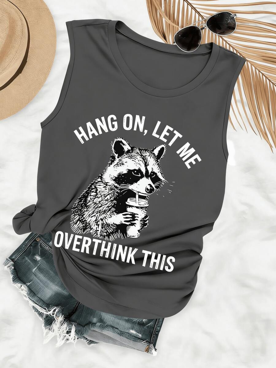 Plus Size-Plus Size - Humorous Style Raccoon Drink Hang On, Let Letter Print Sleeveless Round Neck Vest - 1XL-5XL-1XL-5XL - 深灰色 - 查看 1
