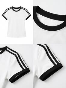 Áo thun nữ tay ngắn cổ tròn màu trắng với chi tiết sọc đen, dễ mặc. - trắng - Xem 5