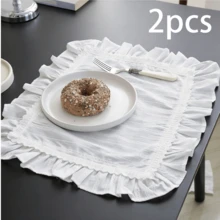 1pc/2pcs/6pcs French Ins Style Ruffled White Textured Striped Double Ruffle Fabric Placemat, Tea Table Mat, High-Quality Photo Prop Decor Background - Multicolor - View 12