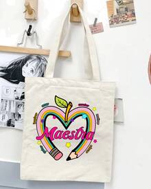 1 pieza Bolso de hombro tipo tote de estilo minimalista con estampado de DIA DEL MAESTRO, adecuado para trabajo, viajes, compras, escuela, gran capacidad, portátil, apropiado para adolescentes, estudiantes universitarias y trabajadoras de oficina, perfecto para trabajo, vuelta al cole, secundaria, universidad, vacaciones, con diseños divertidos para el día del maestro - Blanco - Ver 4