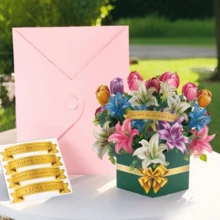 1pc Handmade 3D Mother's Day Pop-Up Greeting Card With Lily Flower Design, Includes Envelope And Blank Note, Suitable For Birthday, Anniversary, Blessing And Special Occasion DIY Gift - Lily - View 1