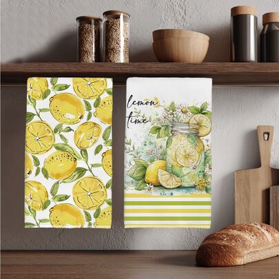 2pcs Lemon Pattern Kitchen Towels, Soft Polyester Material Dish Cloths, Suitable For Kitchen Decor, Cleaning, Holiday Party Decoration, Kitchen & Bathroom Essentials, Home Decor, Housewarming Gift
