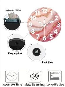 1 chiếc đồng hồ treo tường tròn bằng gỗ đường kính 10/12 inch, thiết kế vân đá cẩm thạch hồng và vàng, trang bị bộ máy thạch anh hoạt động êm ái, sử dụng pin AA (không bao gồm), thích hợp cho phòng ngủ, nhà bếp, phòng học, gara hoặc phòng khách. - Xem 5