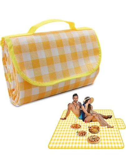 Outdoor Picnic Blankets Waterproof Foldable Sandproof, Large Gingham Cute Picnic Mat Washable Portable For Park Beach Camping Courtyard (Yellow)