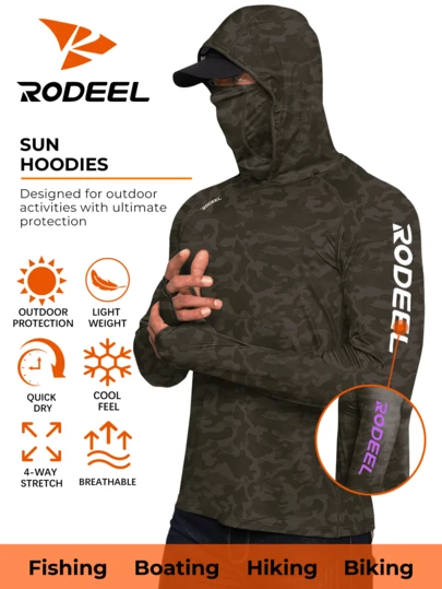 RODEEL Áo nỉ có mũ trùm đầu dành cho nam, có khẩu trang và bảo vệ cổ, lỗ xỏ ngón tay cái, tay dài, mềm mại và nhẹ, co giãn 4 chiều, thích hợp cho leo núi, câu cá, chèo thuyền, lợp mái, làm vườn, xây dựng và các hoạt động ngoài trời khác.