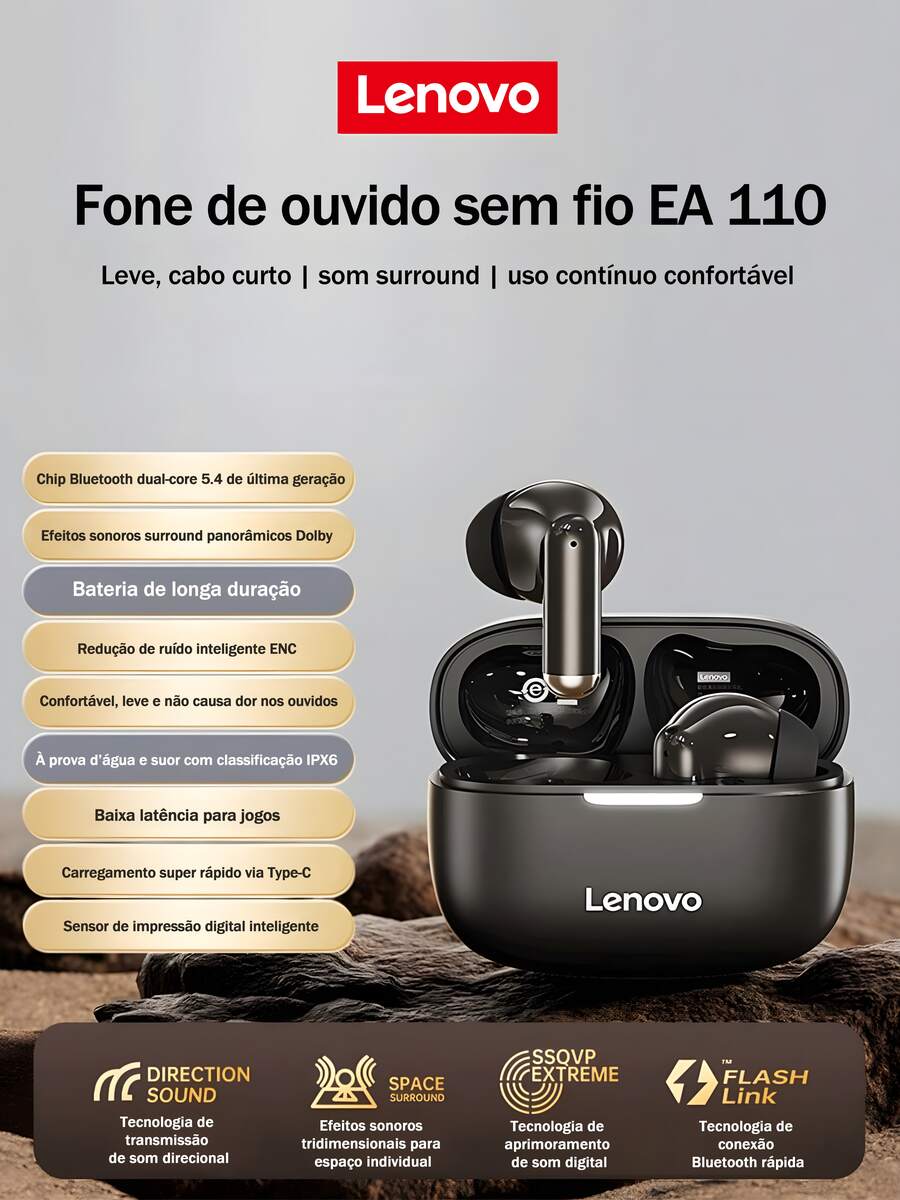 Lenovo Auriculares inalámbricos Bluetooth EA110, control táctil inteligente de 5.4, batería de larga duración, compatible con sistema Android