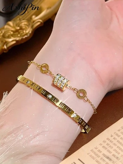 2/1 Piece High Quality Roman Numeral Zirconia Stainless Steel Bracelet, Bangle, Jewelry Set, Necklace Set, Bracelet Set For Women, Suitable For Delicate Wrists, Stackable, Lightweight Luxury, Unique Elegant, Adorned With Rhinestones, Fashionable Design, Versatile Colors, Durable, Non-Fading, Perfect Daily Accessory For Women