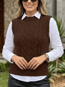 Women's Basic Casual Elegant Modern Knit Vest For Cold Winter - Rỉ Nâu - Xem 3