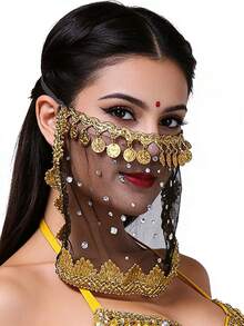 Bohemian Coin Fringe Sequin Embellished Sheer Mesh Face Veil - Exotic Belly Dance Accessory, Music Festival & Halloween Cosplay Face Decor (Multiple Colors Available) - Multicolor - View 13