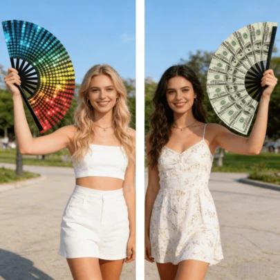 1 pieza Abanico plegable de mano holográfico láser de colores, abanico de mano con clic y clac, abanico de mano plegable grande, adecuado para festivales, disfraces arcoíris, fiestas de discoteca, drag queens, accesorios de carnaval, Halloween, Navidad