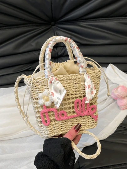 1pc Custom Name Beach Bag Personalized Customized Straw Bag Portable Large Capacity Handbag Monogram Summer Handbag Versatile Basket Bridesmaid Gift Bachelorette Party Gift Bag Unique Gift For Teen Girls Women College Students For Holiday Vacation