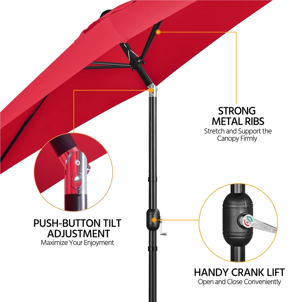 Butterslay 10FT Patio Market Umbrella 6 Ribs Outdoor Umbrella With Crank & Push Button Tilt Weather-Resistant Canopy Outdoor Garden Table Umbrella For Backyard Pool Deck Camping, Dark Green/Red/Tan - 紅色 - 查看 1
