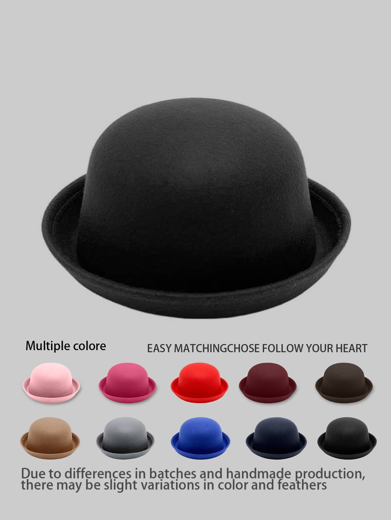 1pc Solid Color Casual Polyester Round Top Hat, Versatile For All Seasons - Bowler Hat - View 1