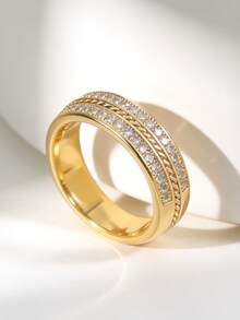 Charm-In Anillo de banda trenzado chapado en oro con CZ, joyería minimalista de cristal apilable para mujeres, regalo de joyería apilable para novia y damas de honor - Dorado - Ver 4