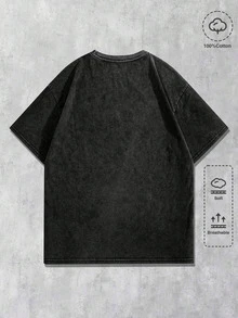 Men's Plus-Size Retro Washed Single-Sided Crew Neck Short-Sleeved T-Shirt For Spring And Summer. Loose Fit, Sizes M-5XL. Gothic Cross Wing Pattern. Suitable For Holiday Outings And Shopping Trips. - 黑色 - 查看 2